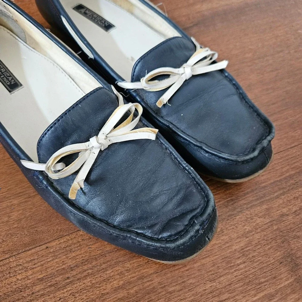 Vintage American Living Navy Blue Leather Bow Loafers Driving Shoes Womens 9.5